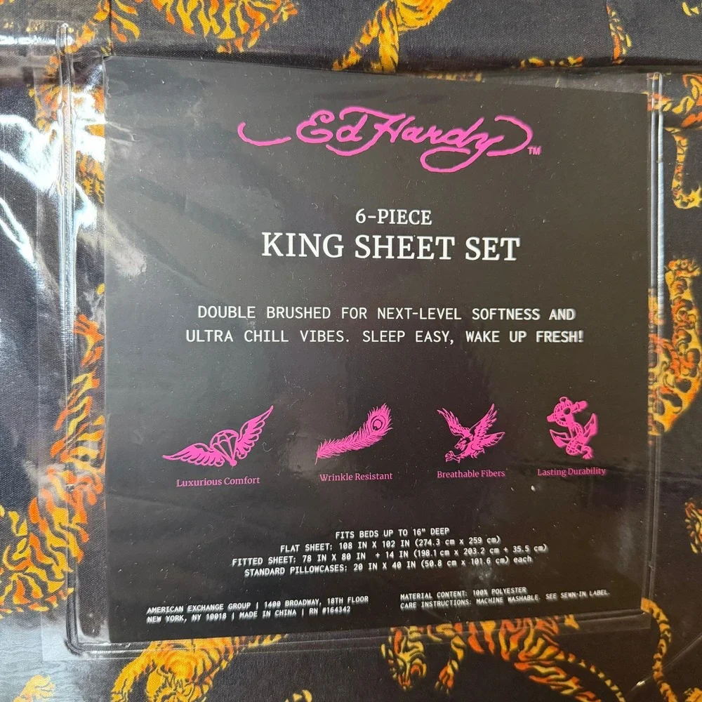 New Ed Hardy King 6 Pc Double Brushed Sheet Set Black Orange Tiger Bedding Y2K